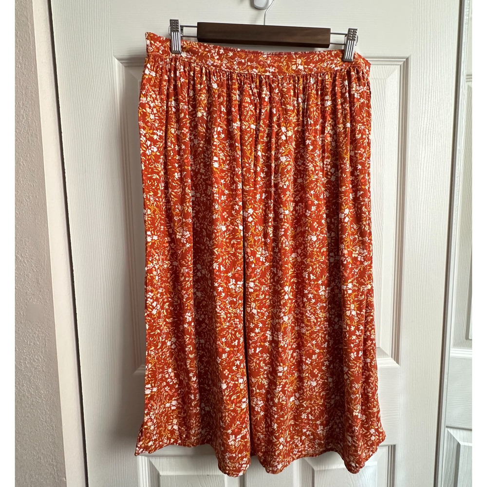 Old Navy Womens Large Orange High Waisted Floral Print Midi Swing Skirt Cottage